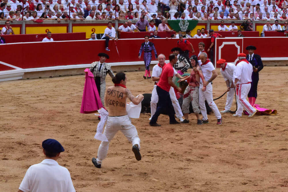 VIDEO: Activisten springen de arena in uit protest tegen wrede, barbaarse stierengevechten