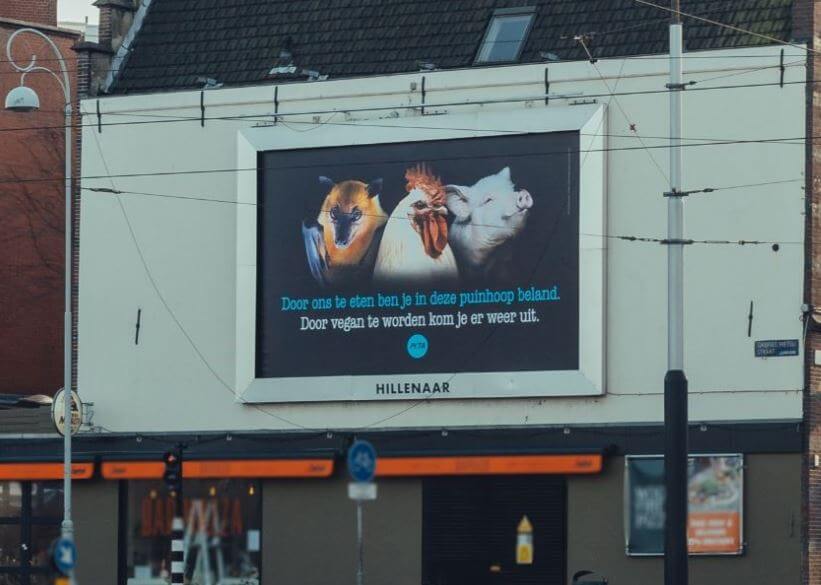Dieren op PETA-billboard: ‘Door ons te eten ben je in deze puinhoop beland’